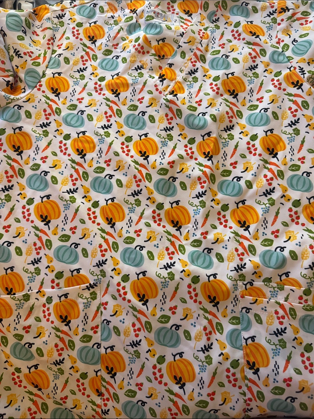Autumn Harvest Pumpkin Print scrub top - White with Orange & Teal